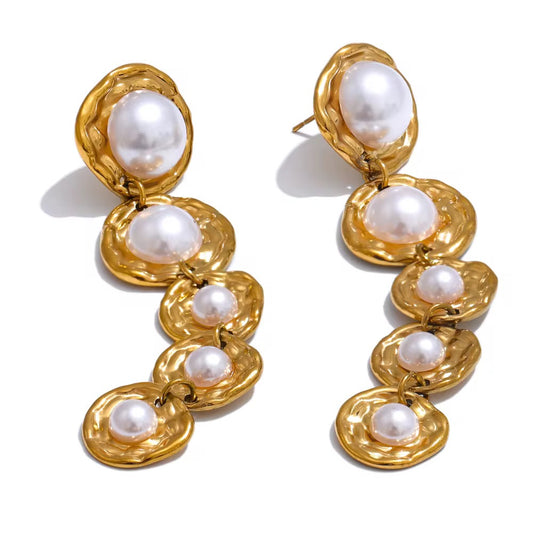 Golden Ripple Pearl Drop Earrings